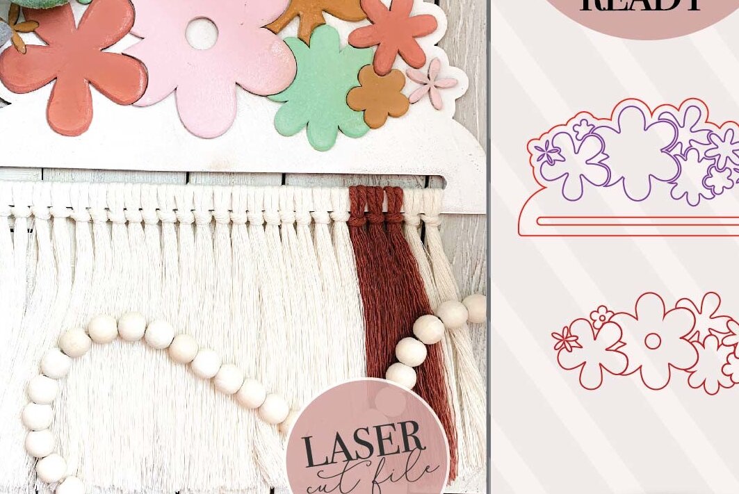 Σετ των 2 Intra απο ξύλο plywood 3mm-4mm πάχος – Retro Flower Macrame Δίασταση  20x20 cm INTRAFABR-75007914