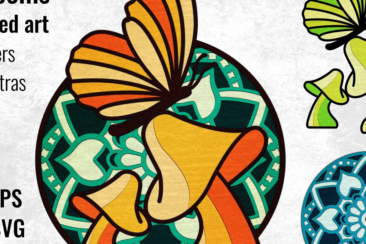 Σετ των 2 Intra απο ξύλο plywood 3mm-4mm πάχος – Ρετρό μαγικά μανιτάρια και πεταλούδα Δίασταση  20x20 cm INTRAFABR-34475972