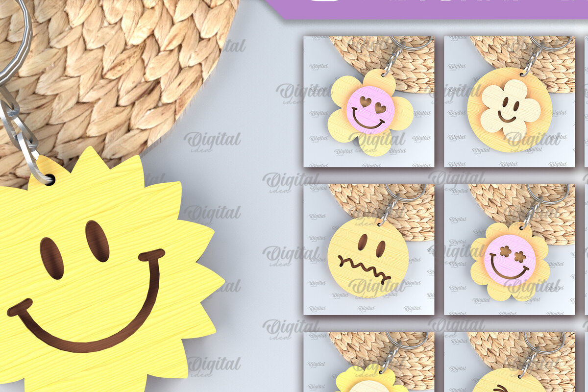 Σετ των 3 Intra απο ξύλο plywood 3mm-4mm πάχος – Πακέτο κοπής λέιζερ με μπρελόκ ρετρό Smiley Δίασταση  5x5 cm INTRAFABR-89181949