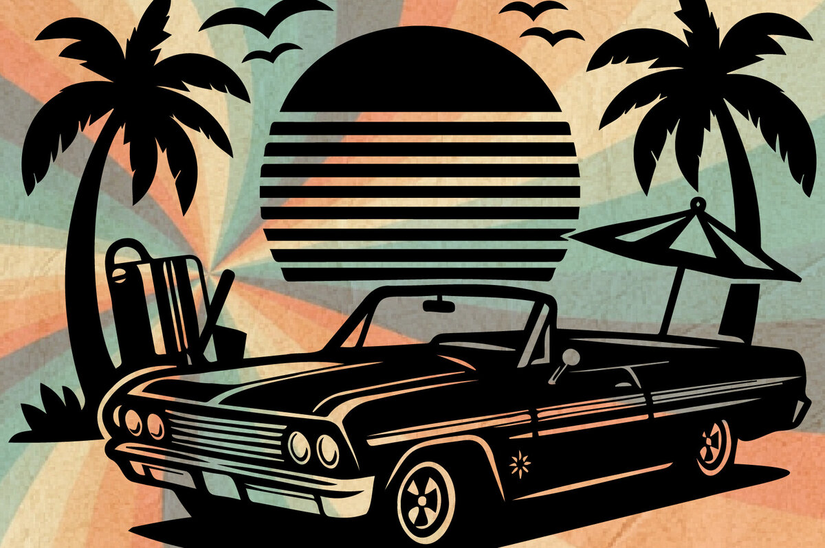 Σετ των 2 Intra απο ξύλο plywood 3mm-4mm πάχος – Retro Summer Beach Classic Car-v1 Δίασταση  20x20 cm INTRAFABR-117281120