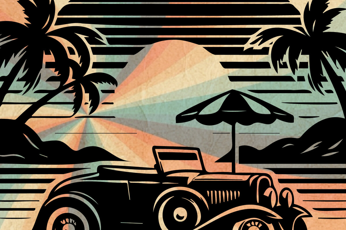 Σετ των 2 Intra απο ξύλο plywood 3mm-4mm πάχος – Ρετρό Summer Beach Classic Car-v3 Δίασταση  20x20 cm INTRAFABR-117306704