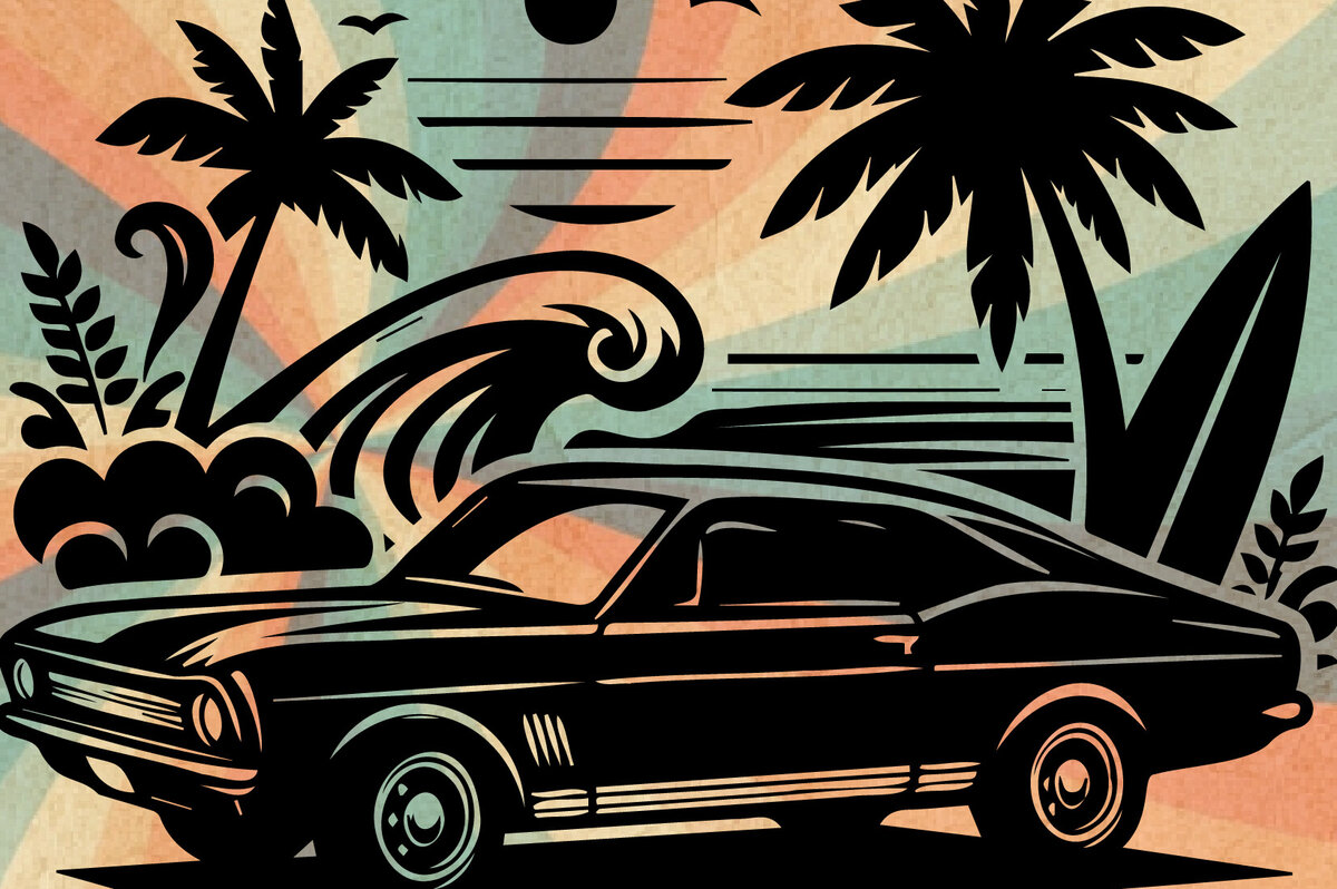 Σετ των 2 Intra απο ξύλο plywood 3mm-4mm πάχος – Retro Summer Beach Classic Car-v5 Δίασταση  20x20 cm INTRAFABR-117350059