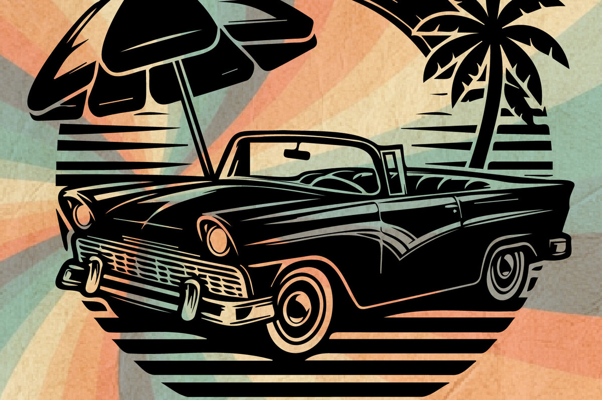 Σετ των 2 Intra απο ξύλο plywood 3mm-4mm πάχος – Retro Summer Beach Classic Car-v6 Δίασταση  20x20 cm INTRAFABR-117353388