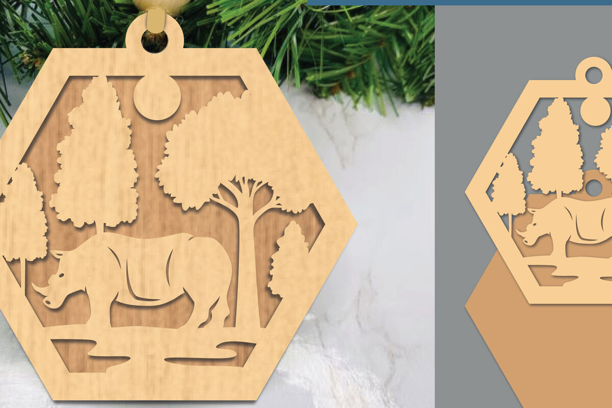 Σετ των 2 Intra απο ξύλο plywood 3mm-4mm πάχος – Ρινόκερος στο δάσος στολίδι Δίασταση  20x20 cm INTRAFABR-105556387