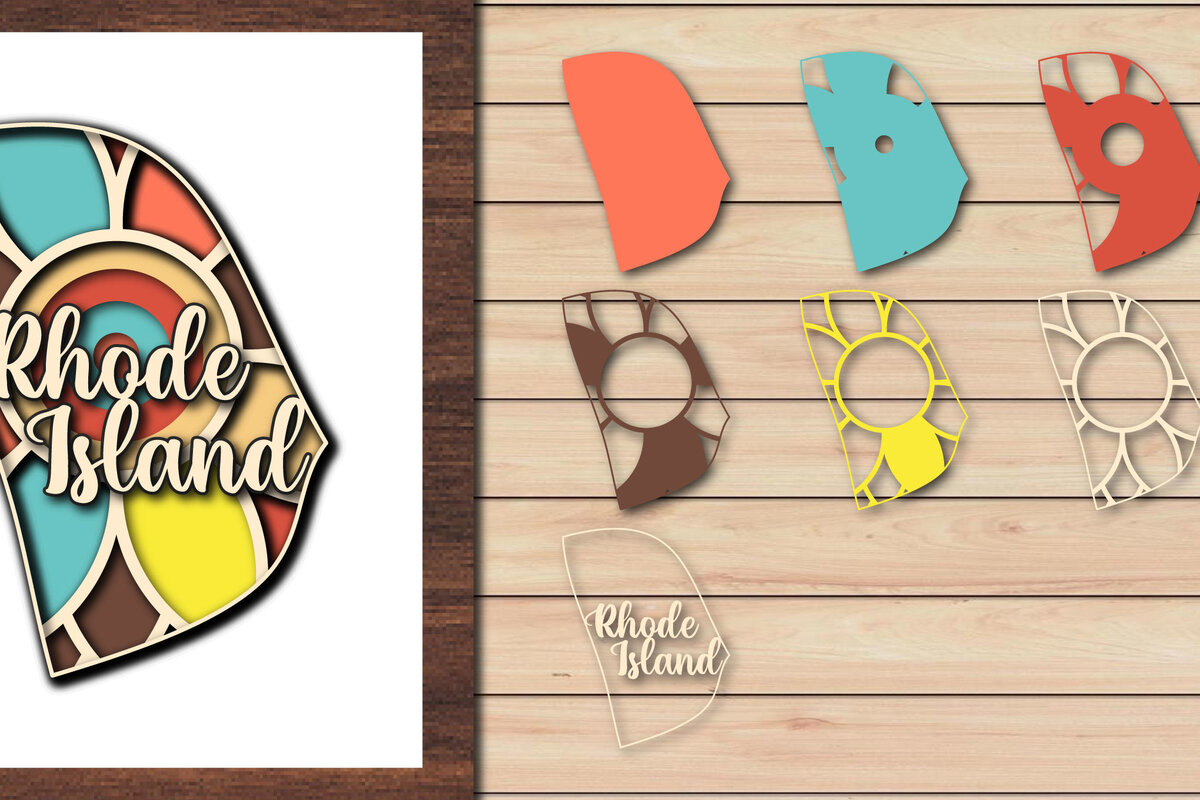 Σετ των 2 Intra απο ξύλο plywood 3mm-4mm πάχος – Κοπή χαρτιού Rhode Island USA State 3d Δίασταση  20x20 cm INTRAFABR-64957213