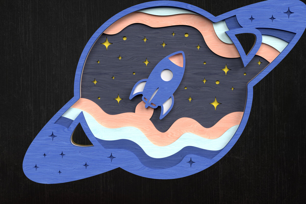 Σετ των 2 Intra απο ξύλο plywood 3mm-4mm πάχος – Rocket in Saturn – Layered Space Δίασταση  20x20 cm INTRAFABR-121273483