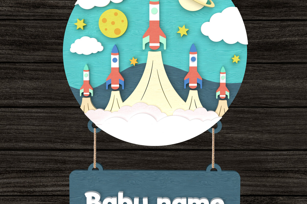 Σετ των 2 Intra απο ξύλο plywood 3mm-4mm πάχος – Σημάδι ονόματος μωρού εκτόξευσης πυραύλων Δίασταση  20x20 cm INTRAFABR-113691913