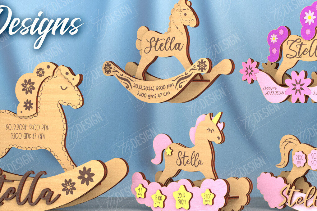 Σετ των 2 Intra απο ξύλο plywood 3mm-4mm πάχος – Πακέτο ανακοινώσεων γέννησης Rocking Horse Δίασταση  20x20 cm INTRAFABR-115677203