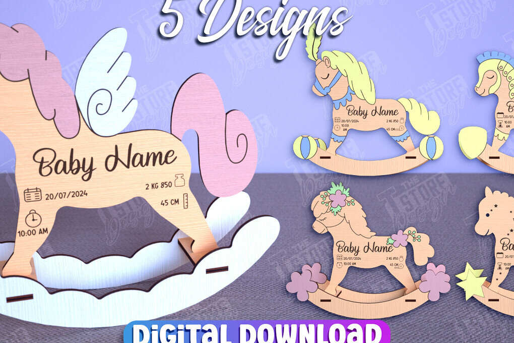 Σετ των 2 Intra απο ξύλο plywood 3mm-4mm πάχος – Πακέτο ανακοινώσεων γέννησης Rocking Horse Δίασταση  20x20 cm INTRAFABR-113990586