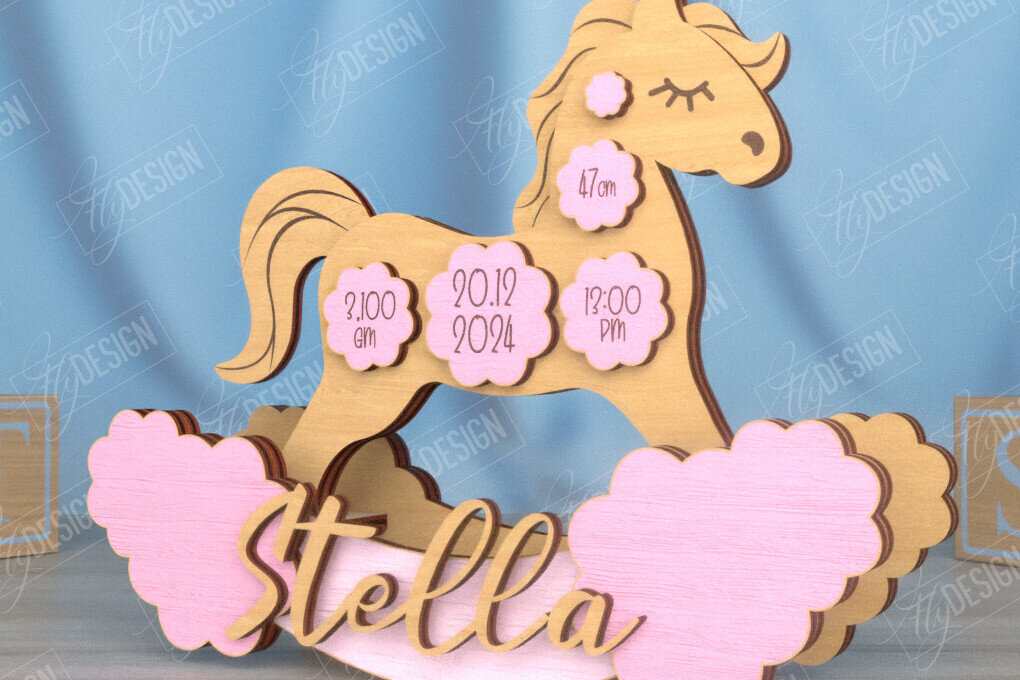 Σετ των 2 Intra απο ξύλο plywood 3mm-4mm πάχος – Ανακοίνωση Γέννησης Rocking Horse|Νεογέννητο Δίασταση  20x20 cm INTRAFABR-115676846