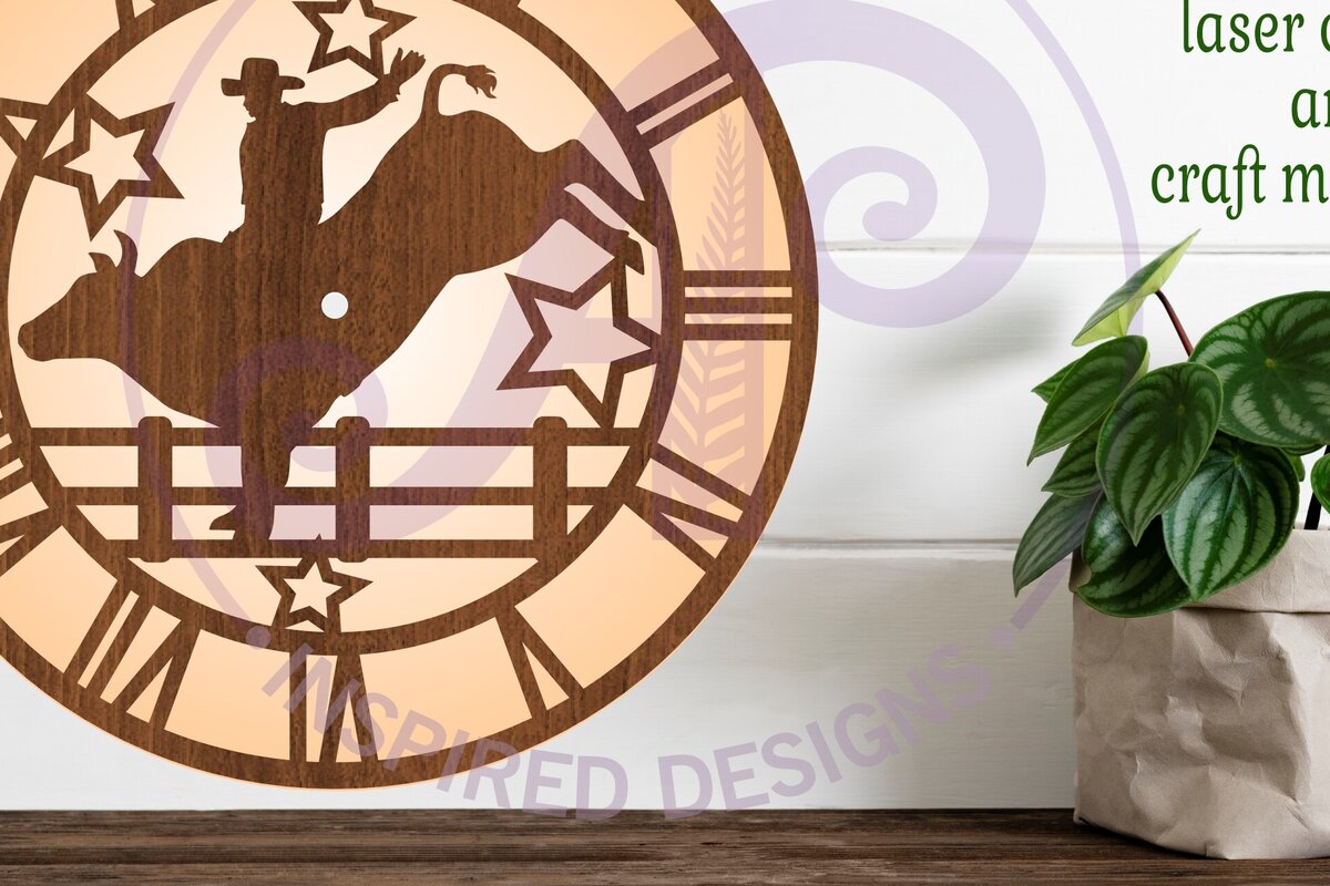 Intra απο ξύλο plywood 3mm-4mm πάχος – Ρολόι τοίχου Rodeo Bull Rider Κοπή λέιζερ Δίασταση  40x30 cm INTRAFABR-95822749