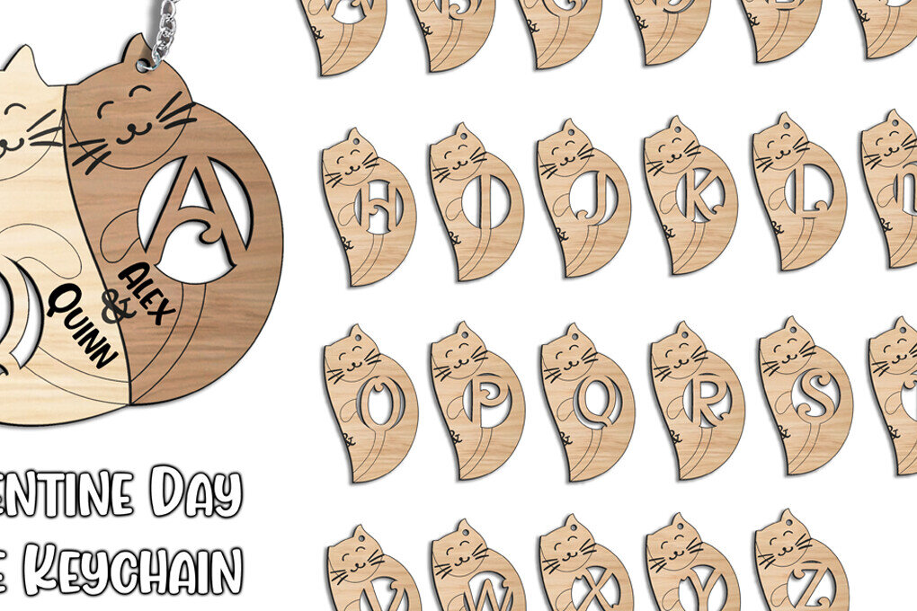 Σετ των 3 Intra απο ξύλο plywood 3mm-4mm πάχος – Ρομαντικό γράμμα Q Love Keychain Cat Δίασταση  5x5 cm INTRAFABR-113483247