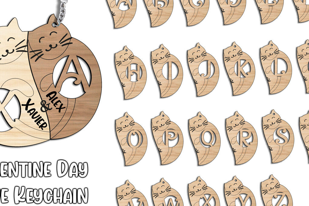 Σετ των 2 Intra απο ξύλο plywood 3mm-4mm πάχος – Romantic Letter X Love Keychain Cat Δίασταση  5x5 cm INTRAFABR-113530888