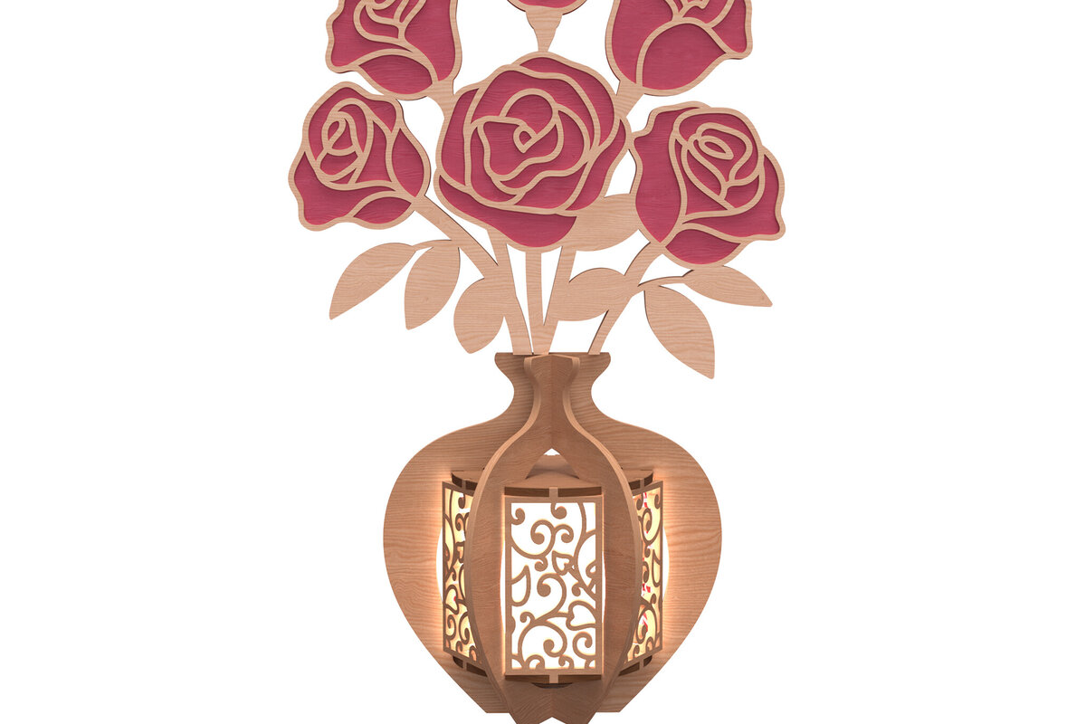 Σετ των 2 Intra απο ξύλο plywood 3mm-4mm πάχος – Ρομαντικό βάζο τριαντάφυλλο κόψιμο με λέιζερ Δίασταση  20x20 cm INTRAFABR-112273870