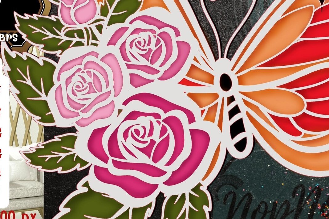 Σετ των 2 Intra απο ξύλο plywood 3mm-4mm πάχος – Rose and Butterfly 3D V.2 Δίασταση  20x20 cm INTRAFABR-57108996