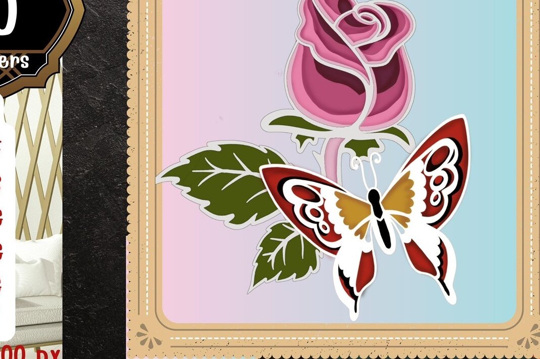 Σετ των 2 Intra απο ξύλο plywood 3mm-4mm πάχος – Rose and Butterfly 3D V.2 Δίασταση  20x20 cm INTRAFABR-56506239