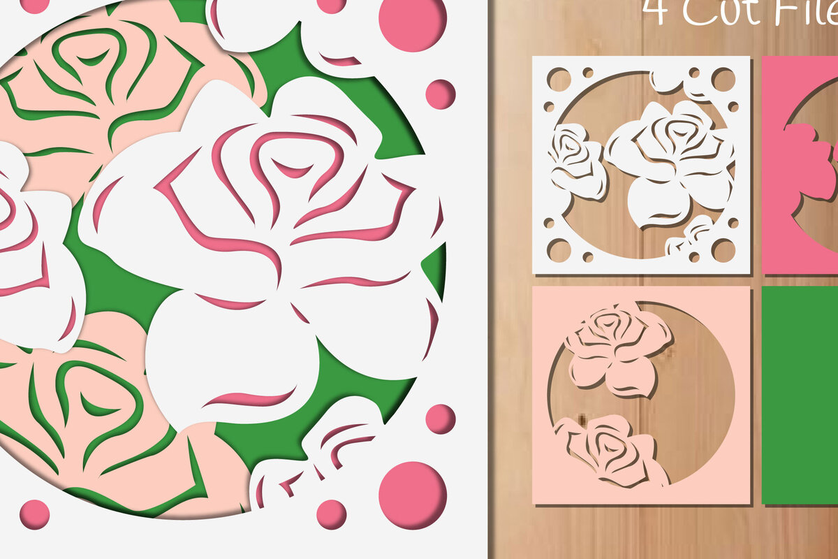 Σετ των 2 Intra απο ξύλο plywood 3mm-4mm πάχος – Rose Flowers Layered Papercut Δίασταση  20x20 cm INTRAFABR-85899103