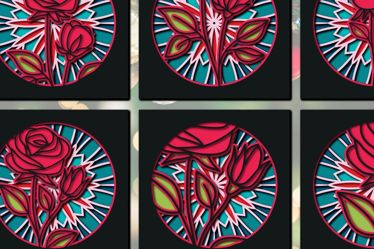 Σετ των 2 Intra απο ξύλο plywood 3mm-4mm πάχος – Πακέτο Rose Mandala 3D Shadow Box Δίασταση  20x20 cm INTRAFABR-36388703