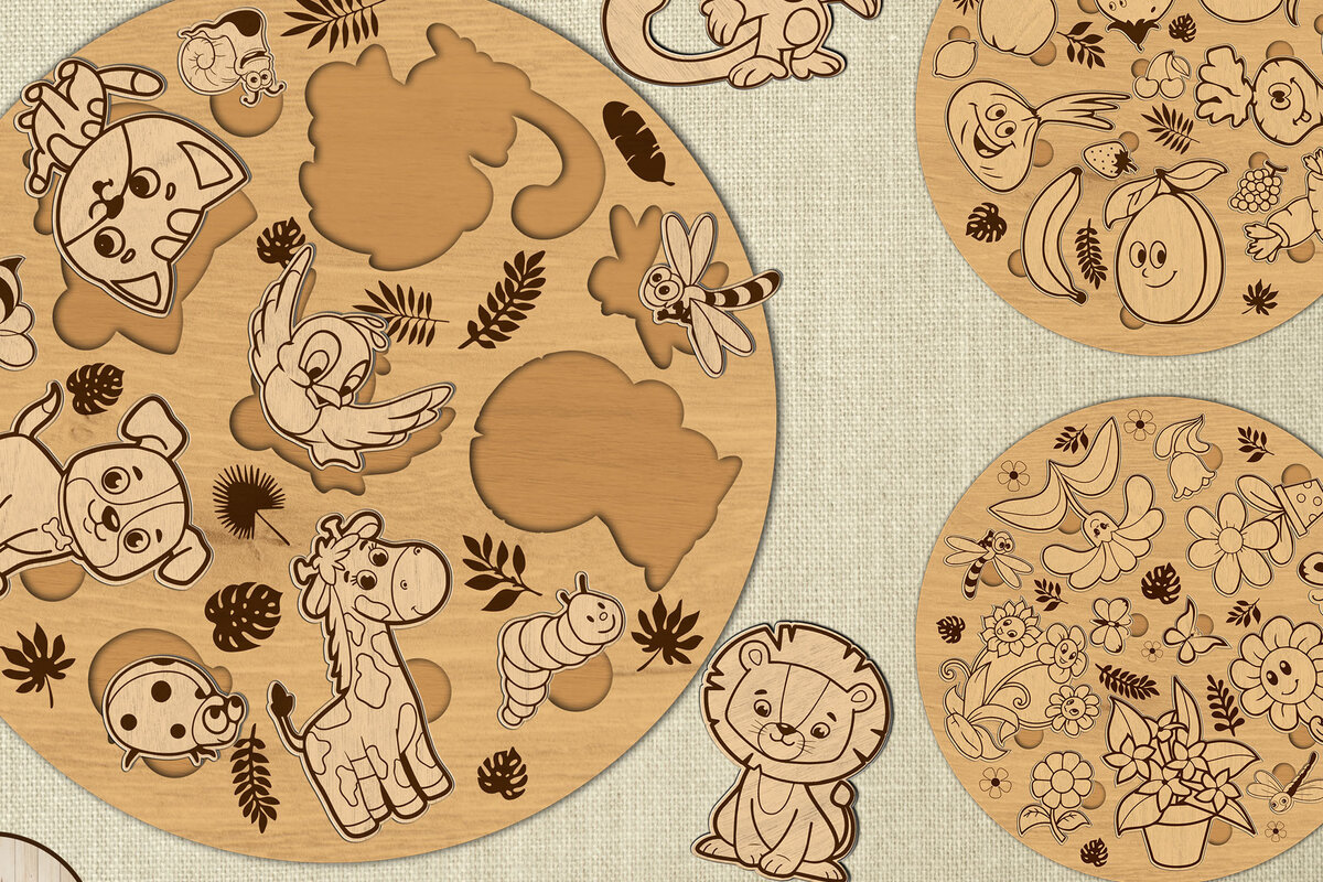 Σετ των 2 Intra απο ξύλο plywood 3mm-4mm πάχος – Στρογγυλή δέσμη παιδικών παζλ Δίασταση  20x20 cm INTRAFABR-71620793