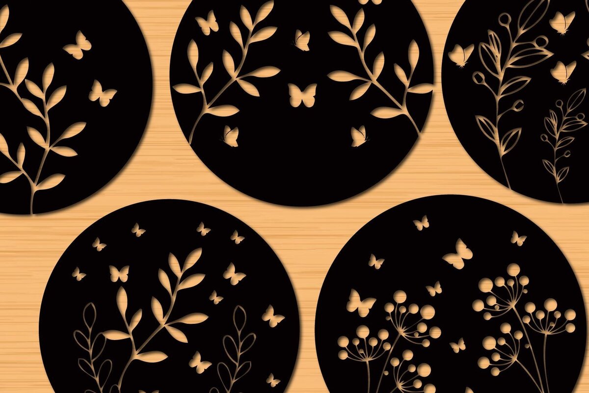 Σετ των 2 Intra απο ξύλο plywood 3mm-4mm πάχος – Στρογγυλά πάνελ κομμένα με λέιζερ Butterfly Floral Δίασταση  20x20 cm INTRAFABR-32745204