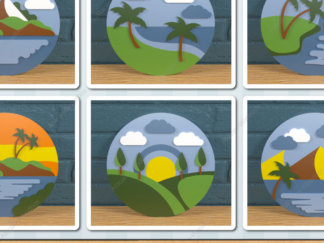 Σετ των 2 Intra απο ξύλο plywood 3mm-4mm πάχος – Στρογγυλή κρεμάστρα τοπίων διακοπών φοίνικα Δίασταση  20x20 cm INTRAFABR-82780742