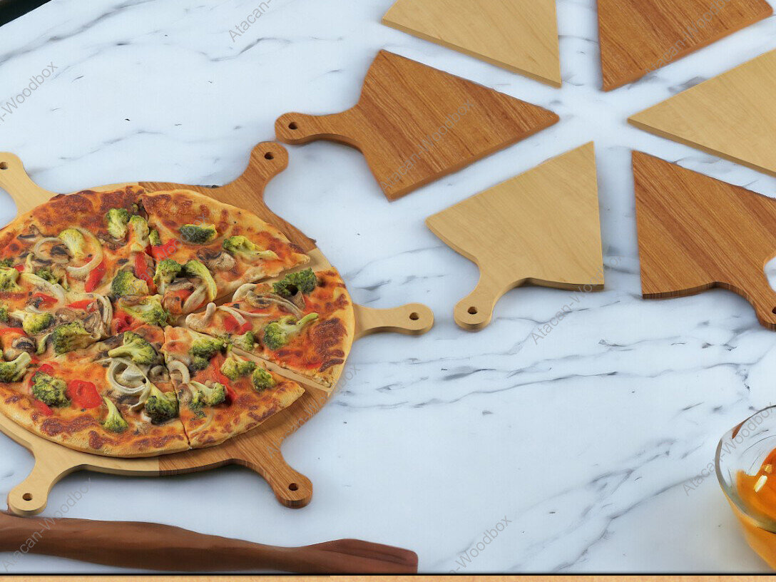 Σετ των 2 Intra απο ξύλο plywood 3mm-4mm πάχος – Στρογγυλό πιάτο πίτσας με 6 φέτες σερβιρίσματος Δίασταση  20x20 cm INTRAFABR-92300065