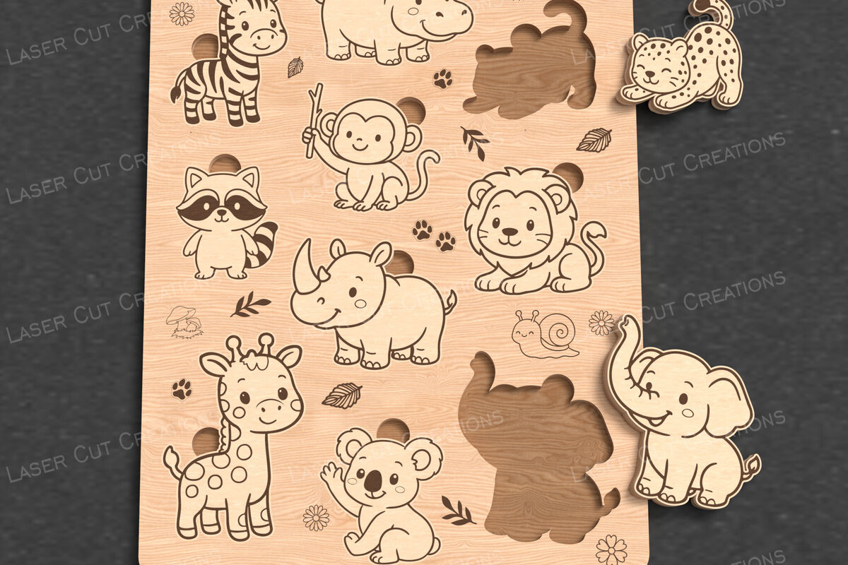 Σετ των 2 Intra απο ξύλο plywood 3mm-4mm πάχος – Safari Animal Puzzle για παιδιά Δίασταση  20x20 cm INTRAFABR-122984262