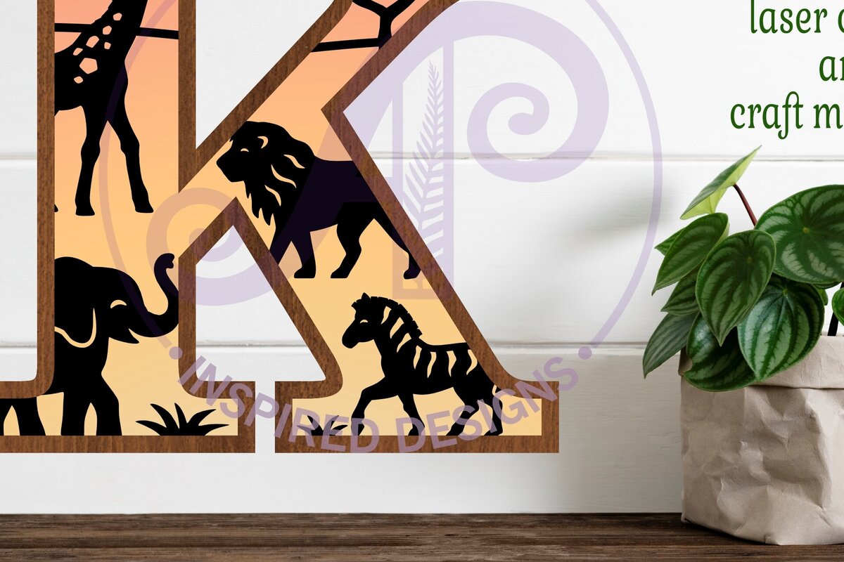 Σετ των 2 Intra απο ξύλο plywood 3mm-4mm πάχος – Safari Animals Large K Layered γράμμα Δίασταση  20x20 cm INTRAFABR-114034215