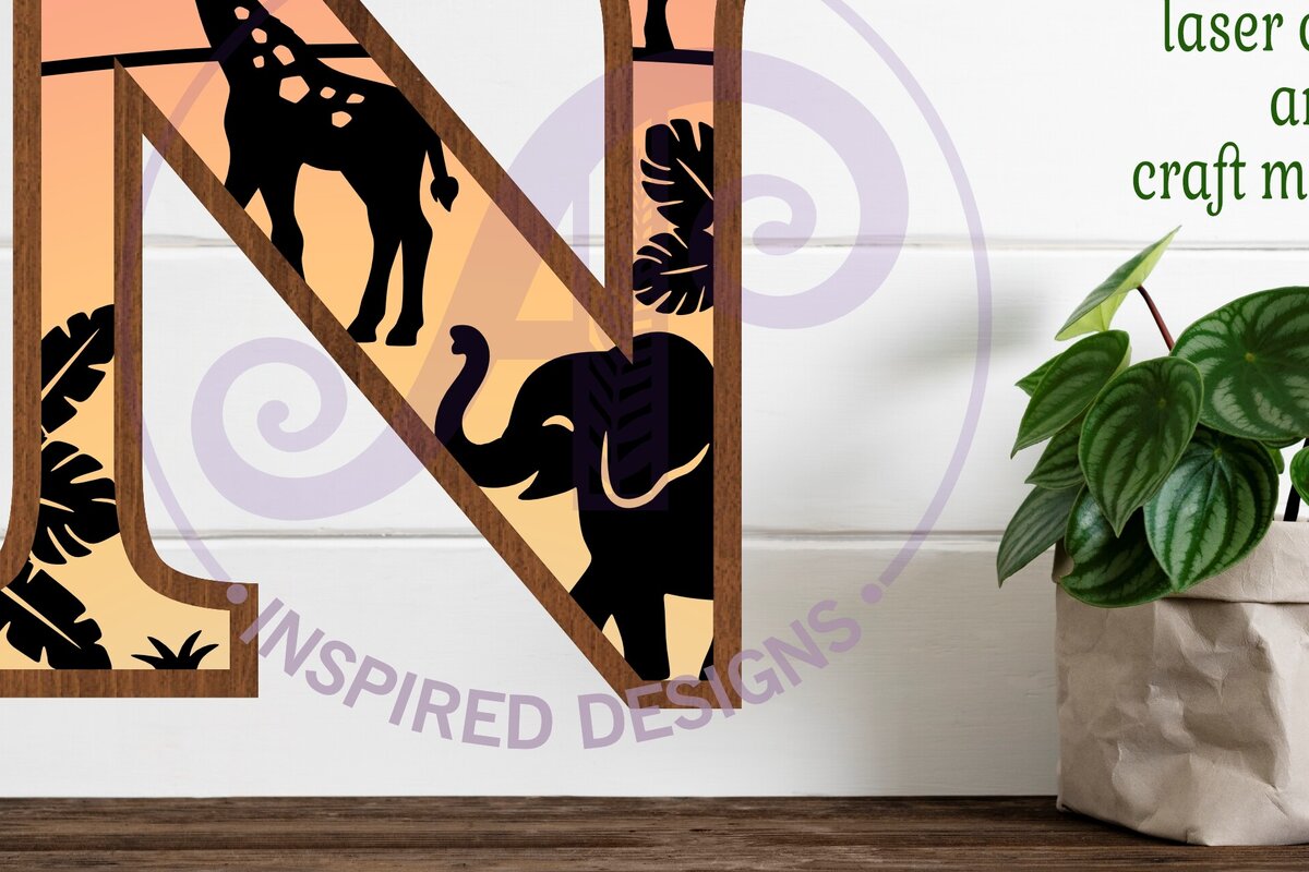 Σετ των 2 Intra απο ξύλο plywood 3mm-4mm πάχος – Safari Animals Large N Layered γράμμα Δίασταση  20x20 cm INTRAFABR-114034155