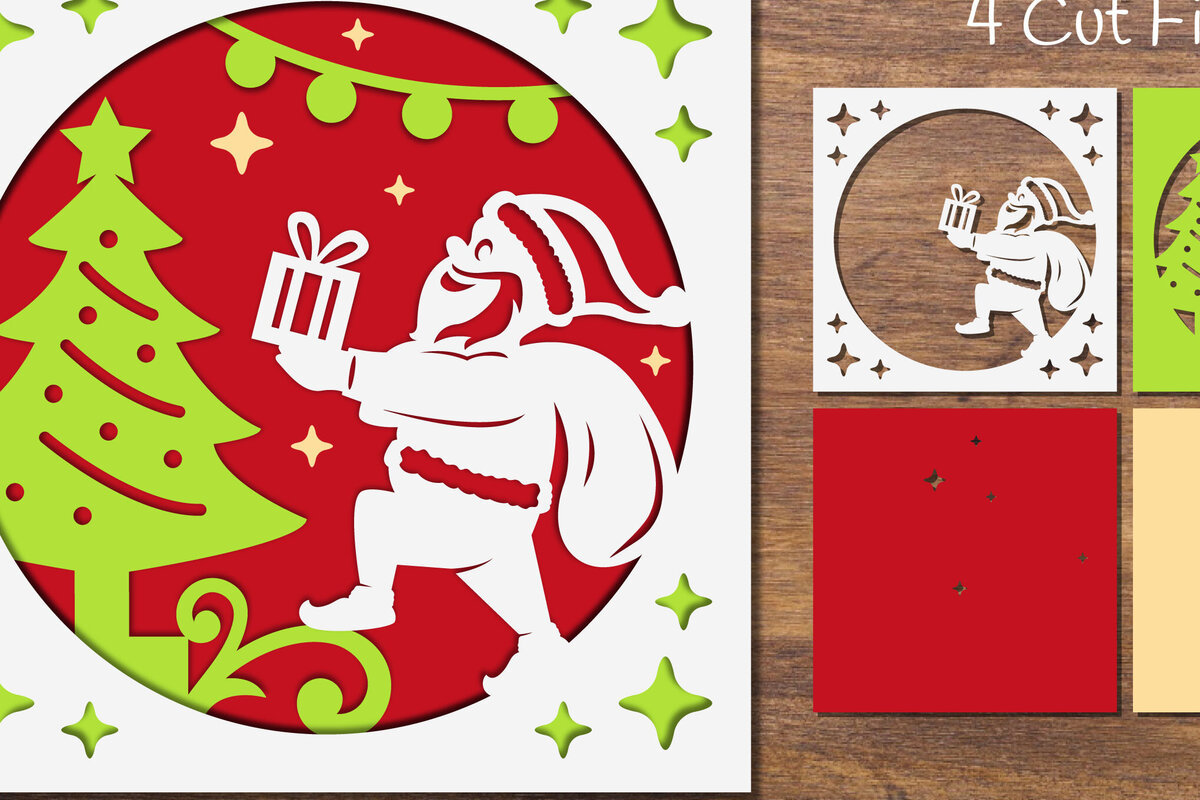 Σετ των 2 Intra απο ξύλο plywood 3mm-4mm πάχος – Ο Άγιος Βασίλης και το κουτί δώρου με στρώσεις χαρτοκόπτη Δίασταση  20x20 cm INTRAFABR-85898943