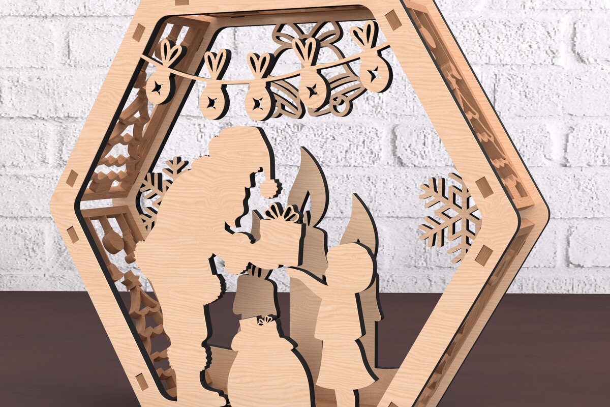 Σετ των 2 Intra απο ξύλο plywood 3mm-4mm πάχος – Εξαγωνικό φανάρι Άγιος Βασίλης και παιδιά Δίασταση  20x20 cm INTRAFABR-108492726