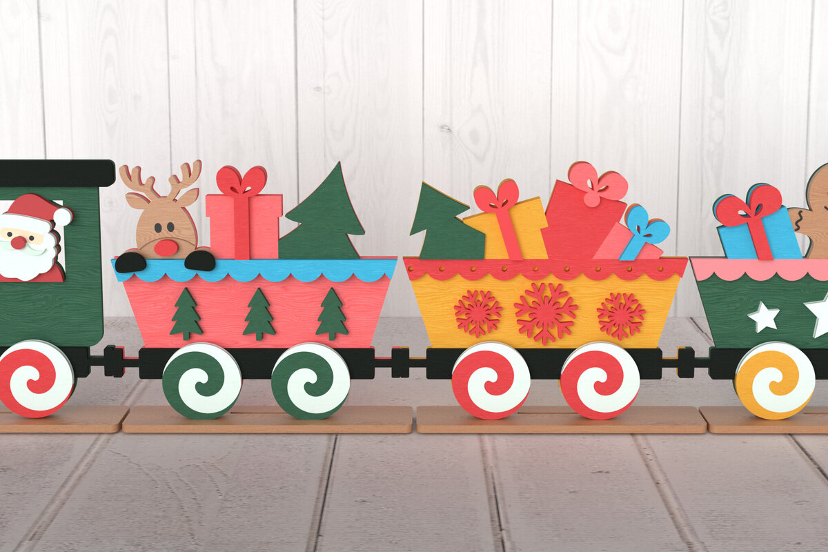 Σετ των 2 Intra απο ξύλο plywood 3mm-4mm πάχος – Σετ κομμένο με λέιζερ Χριστουγεννιάτικο τρένο Santa Δίασταση  20x20 cm INTRAFABR-107875606