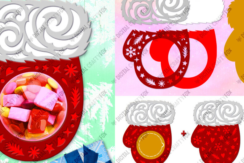 Σετ των 2 Intra απο ξύλο plywood 3mm-4mm πάχος – Santa Claus Mitten Candy Dome Δίασταση  20x20 cm INTRAFABR-80253579