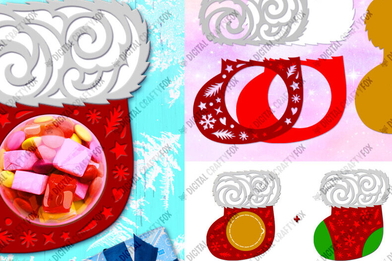 Σετ των 2 Intra απο ξύλο plywood 3mm-4mm πάχος – Santa Claus Sock Candy Dome Δίασταση  20x20 cm INTRAFABR-79991993