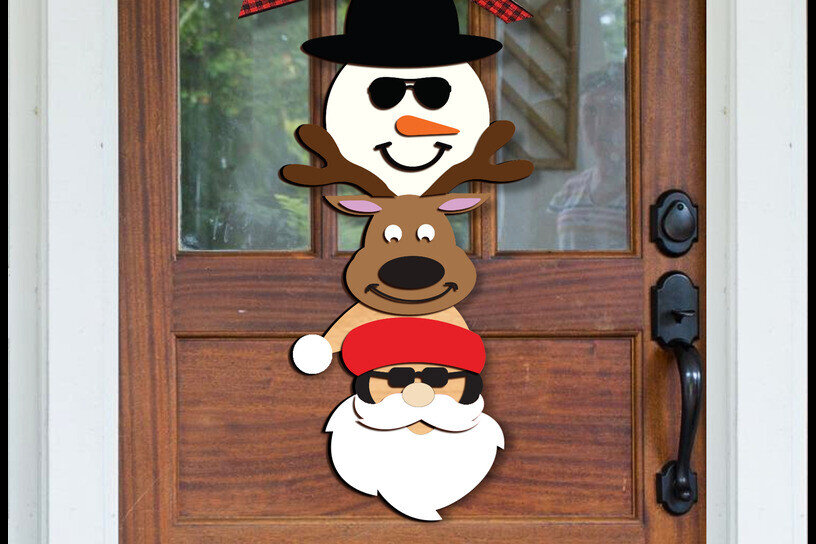 Σετ των 2 Intra απο ξύλο plywood 3mm-4mm πάχος – Κρεμάστρα πόρτας Άγιος Βασίλης, Ελάφια και Χιονάνθρωπος Δίασταση  20x20 cm INTRAFABR-120779427