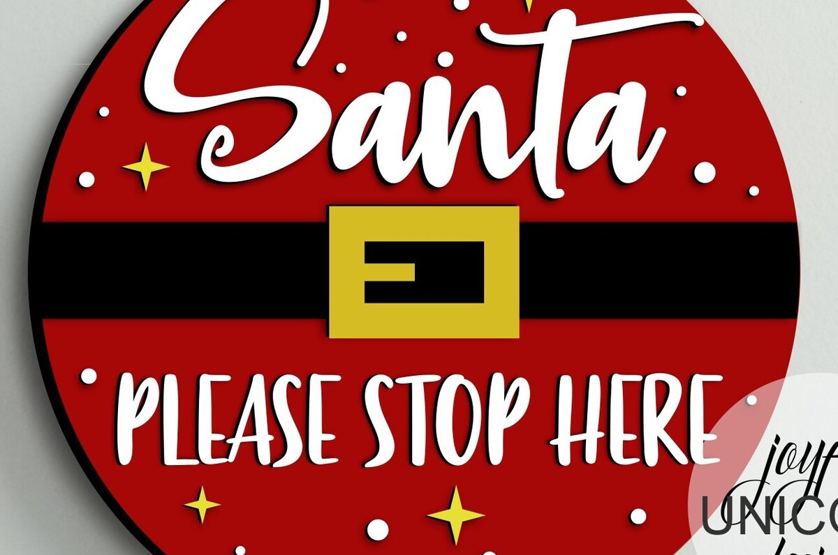 Σετ των 2 Intra απο ξύλο plywood 3mm-4mm πάχος – Άγιος Βασίλης, παρακαλώ σταματήστε εδώ Στρογγυλή επιγραφή Δίασταση  20x20 cm INTRAFABR-78413471