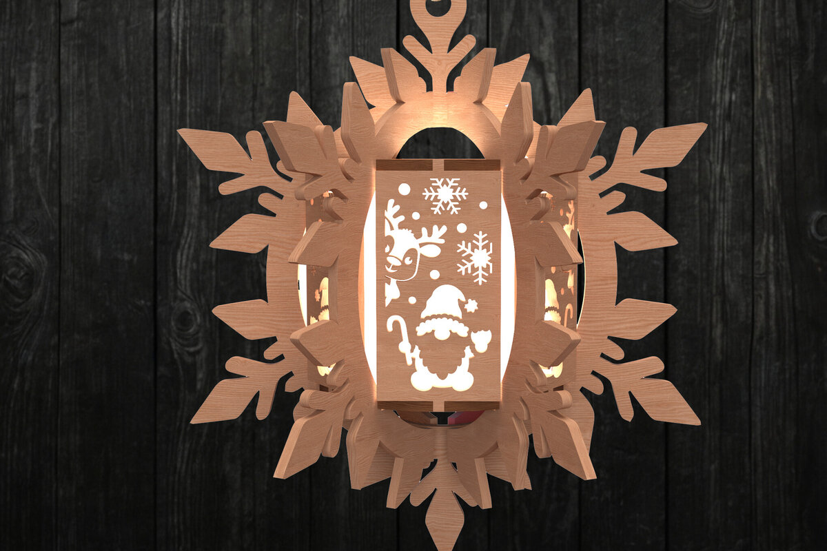 Σετ των 2 Intra απο ξύλο plywood 3mm-4mm πάχος – Φανάρι με νιφάδες χιονιού Άγιος Βασίλης και τάρανδος Δίασταση  20x20 cm INTRAFABR-111001043