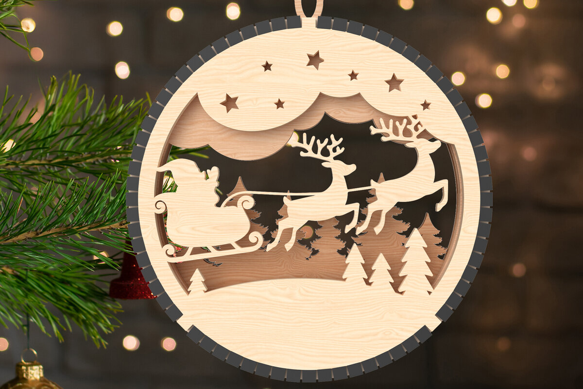 Σετ των 2 Intra απο ξύλο plywood 3mm-4mm πάχος – Στολίδι με λέιζερ με έλκηθρο και τάρανδο Δίασταση  20x20 cm INTRAFABR-107002198