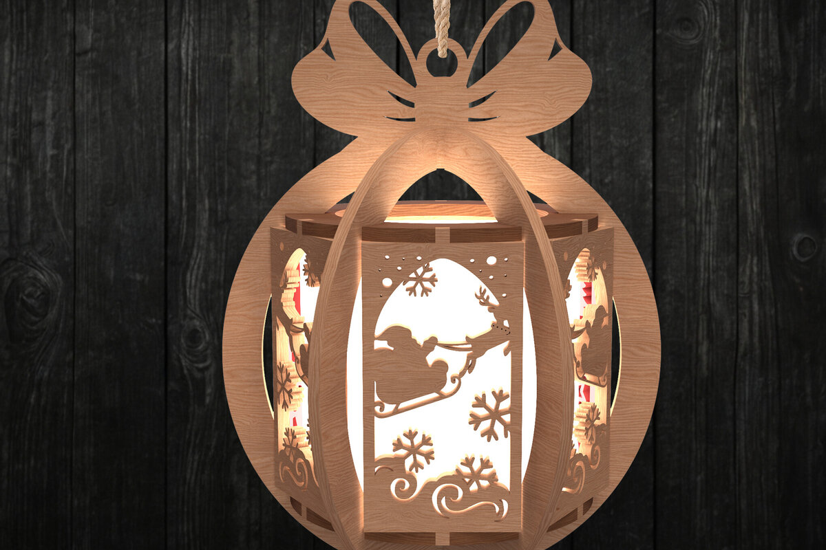 Σετ των 2 Intra απο ξύλο plywood 3mm-4mm πάχος – Φανάρι Santa Sleigh, Χριστουγεννιάτικο στολίδι Δίασταση  20x20 cm INTRAFABR-108508563