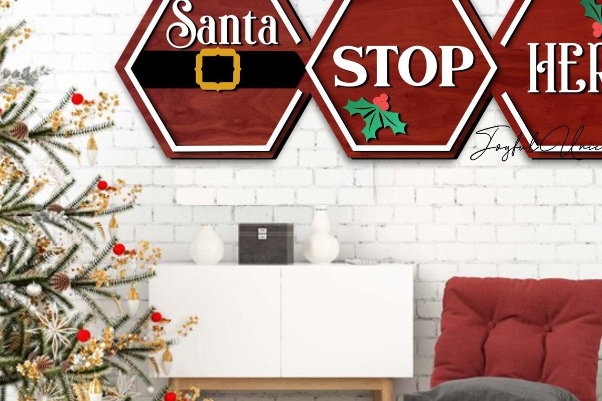 Σετ των 2 Intra απο ξύλο plywood 3mm-4mm πάχος – Santa Stop Here Ξύλινη πινακίδα Δίασταση  20x20 cm INTRAFABR-43741682