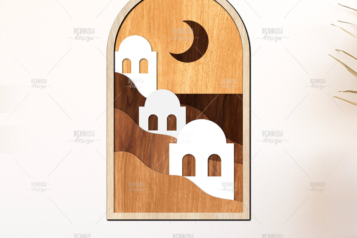 Σετ των 2 Intra απο ξύλο plywood 3mm-4mm πάχος – Santorini Crescent Night 3D Layered Δίασταση  20x20 cm INTRAFABR-125136132