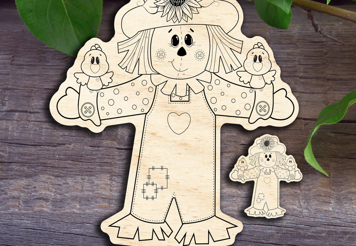 Σετ των 2 Intra απο ξύλο plywood 3mm-4mm πάχος – Σκιάχτρο κορίτσι με πουλάκια Δίασταση  20x20 cm INTRAFABR-30241487