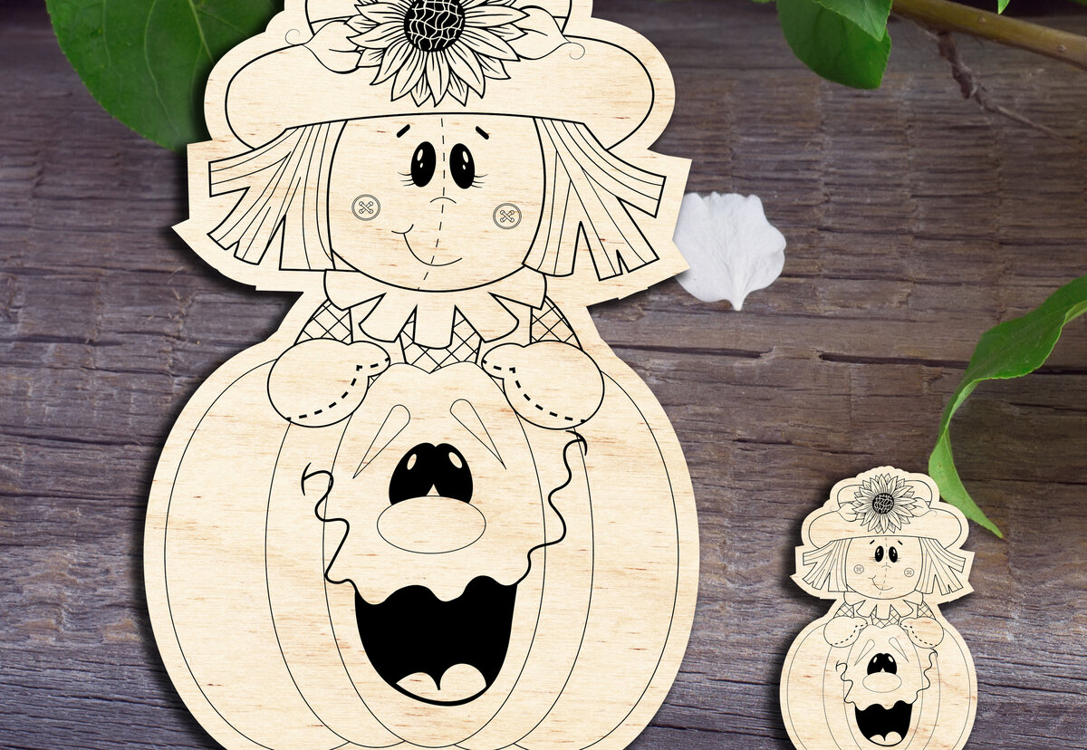 Σετ των 2 Intra απο ξύλο plywood 3mm-4mm πάχος – ScareCrow κορίτσι με κολοκύθα Δίασταση  20x20 cm INTRAFABR-30187489