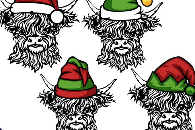 Σετ των 2 Intra απο ξύλο plywood 3mm-4mm πάχος – SVG Χριστουγέννων με αγελάδες Scottish Highland Δίασταση  20x20 cm INTRAFABR-86018194