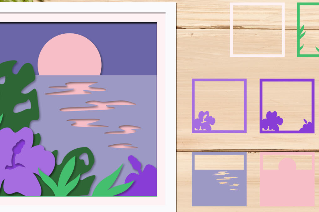 Σετ των 2 Intra απο ξύλο plywood 3mm-4mm πάχος – Θάλασσα και τροπικά λουλούδια τρισδιάστατο κουτί σκιών Δίασταση  20x20 cm INTRAFABR-68910494