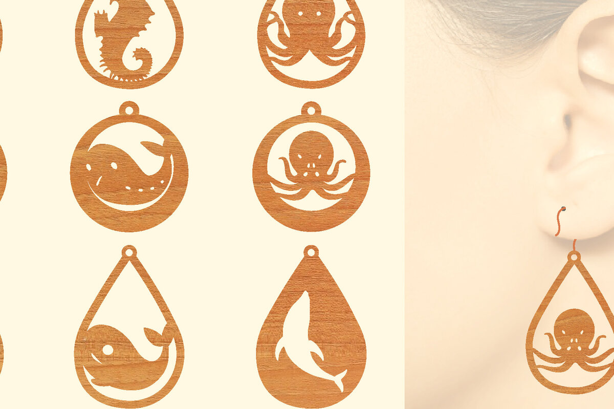 Σετ των 3 Intra απο ξύλο plywood 3mm-4mm πάχος – Ξύλινα σκουλαρίκια Sea Animal Δίασταση  5x5 cm INTRAFABR-66342970