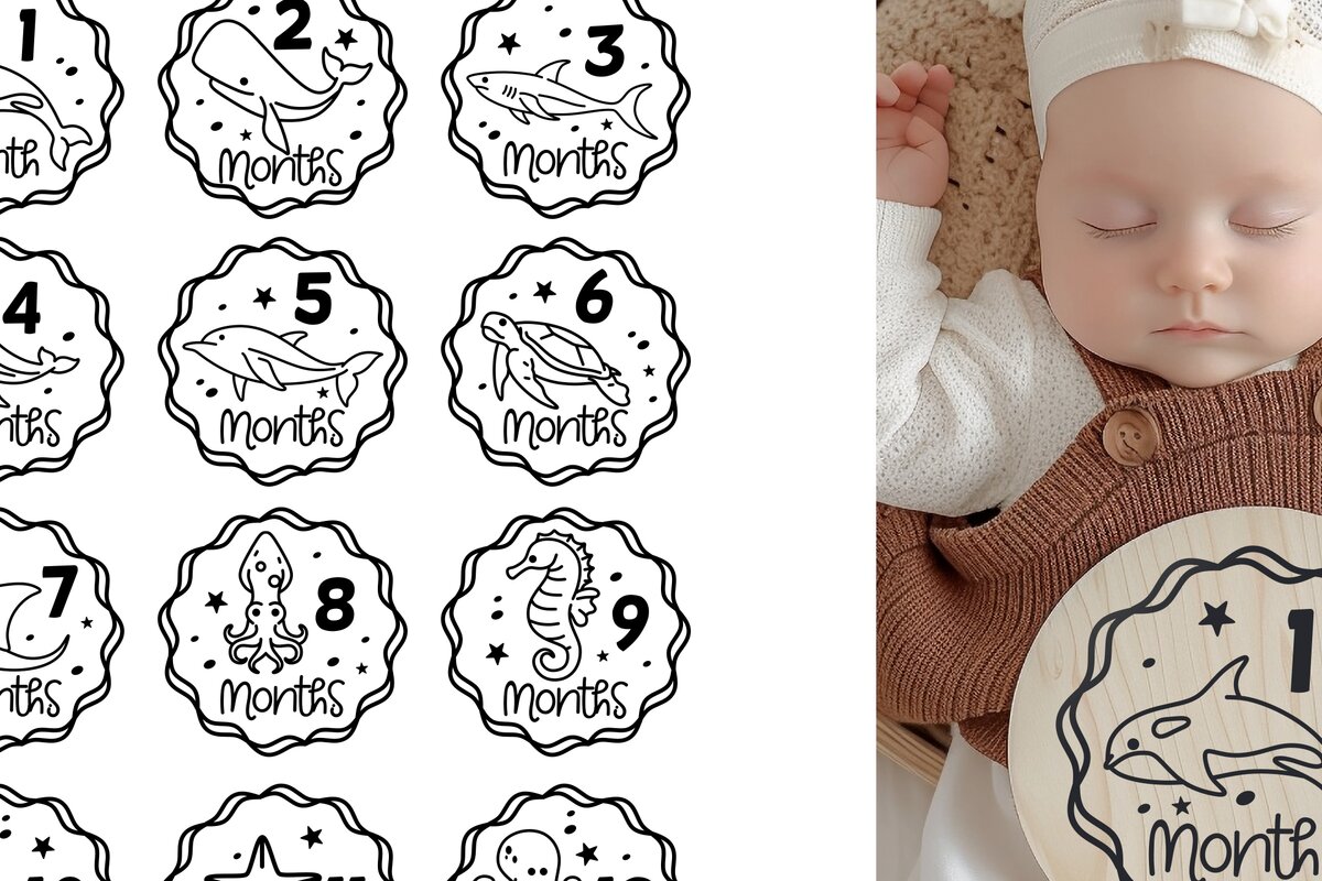 Σετ των 2 Intra απο ξύλο plywood 3mm-4mm πάχος – Sea Animals Baby Monthly Milestone Δίασταση  20x20 cm INTRAFABR-111580886