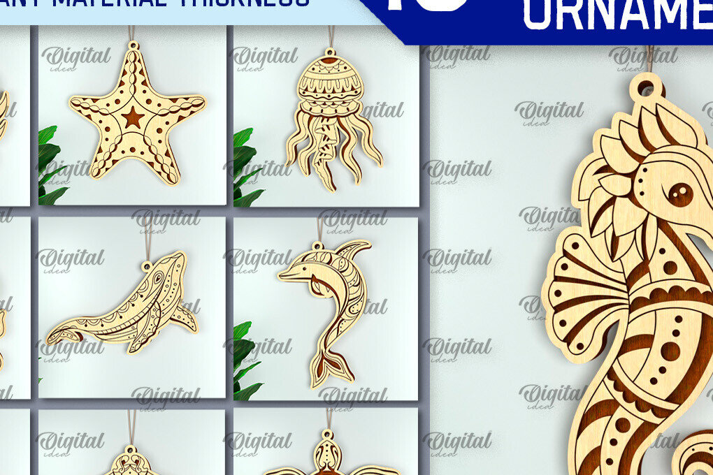 Σετ των 2 Intra απο ξύλο plywood 3mm-4mm πάχος – Δέσμη κομμένα με λέιζερ στολίδια θαλάσσιων ζώων Δίασταση  20x20 cm INTRAFABR-99136188