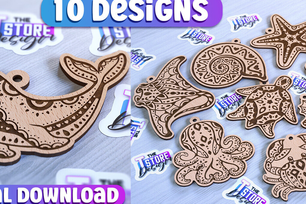 Σετ των 2 Intra απο ξύλο plywood 3mm-4mm πάχος – Στολίδια με θαλάσσια ζώα | Ωκεανός Δίασταση  20x20 cm INTRAFABR-93334855