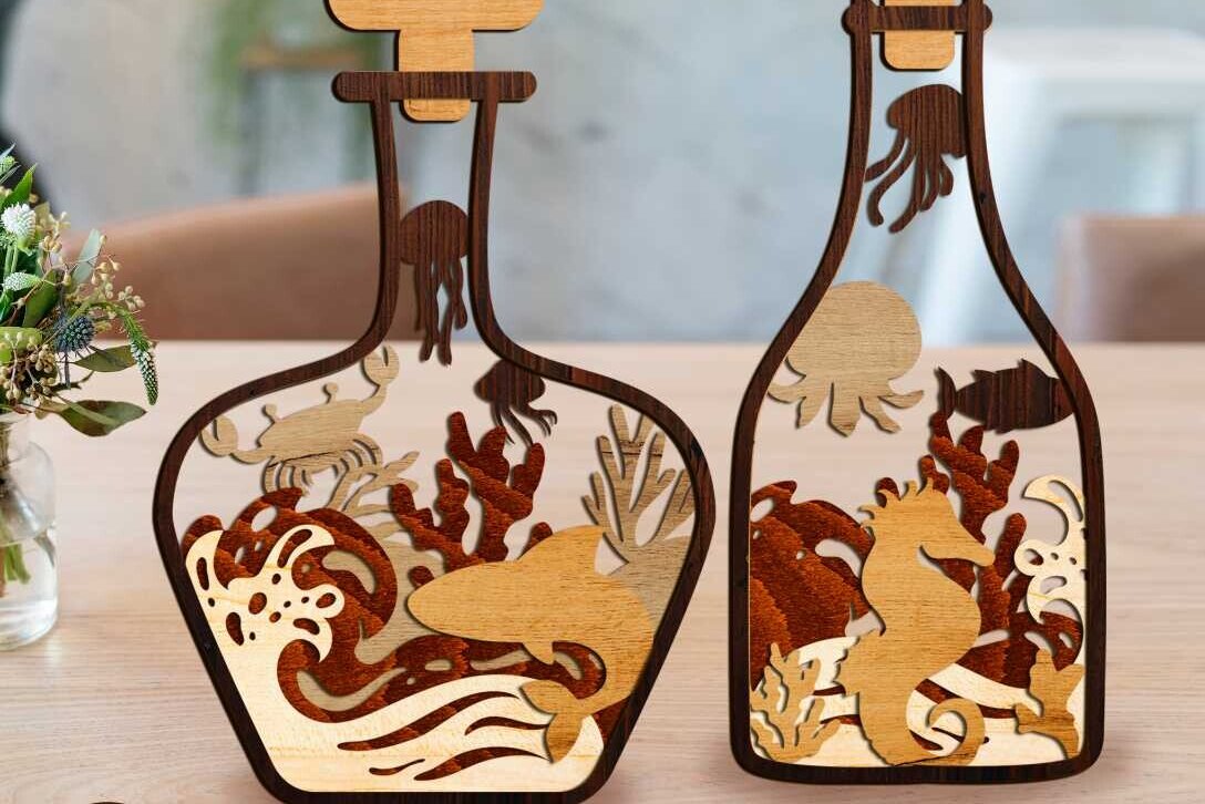 Σετ των 2 Intra απο ξύλο plywood 3mm-4mm πάχος – Διακόσμηση πολλαπλών στρώσεων δέσμης μπουκαλιών θάλασσας Δίασταση  20x20 cm INTRAFABR-102919777